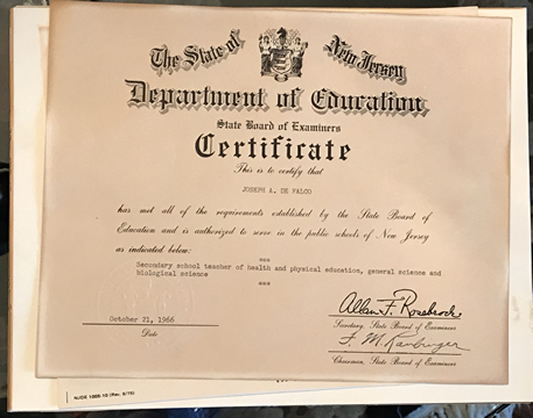 Joseph A. DeFalco Education Certificate